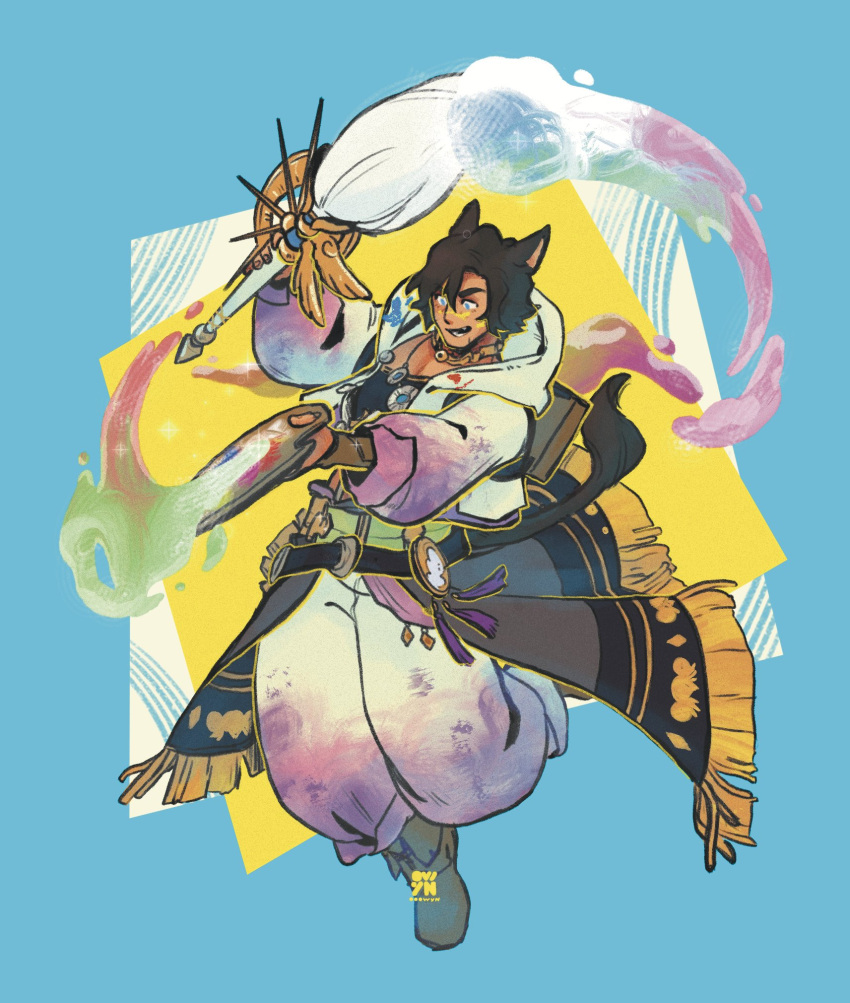 1boy, amulet, animal_ears, artist_logo, black_hair, black_shirt, book, cat_ears