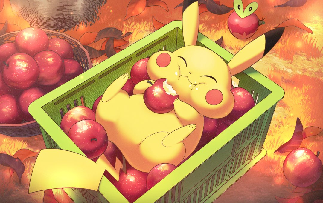 animal_focus, apple, applin, autumn, autumn_leaves, basket, cha_kuro_(limo), closed_eyes
