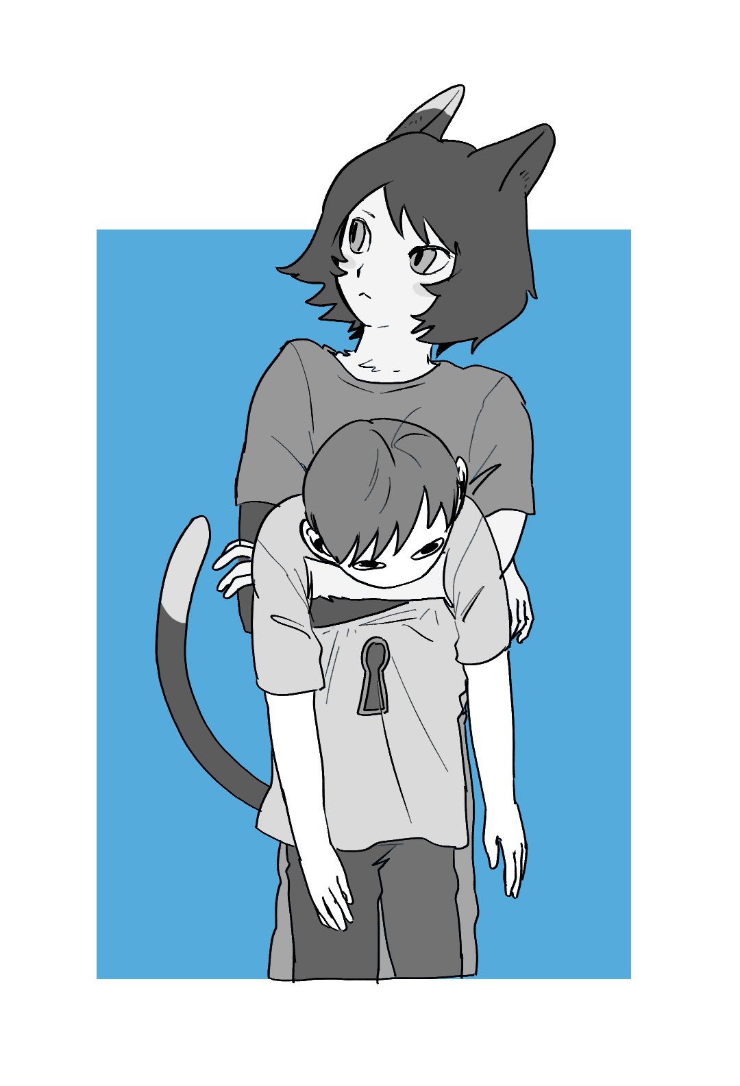 1boy, 1girl, animal_ears, annoyed, arm_dangle, blue_background, body_fur, casual, cat_ears, cat_girl, cat_tail, chilchuck_tims, cowboy_shot, dungeon_meshi, greyscale_with_colored_background, halfling, height_difference, highres, hug, hug_from_behind, hup_cheop, izutsumi, korean_commentary, long_sleeves, looking_down, looking_to_the_side, monochrome, outside_border, pants, print_shirt, shirt, short_hair, short_sleeves, t-shirt, tail, worried