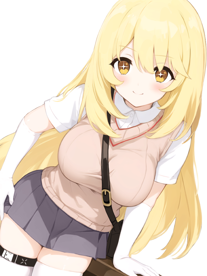 1girl, arm_support, belt, blue_archive, breasts, brown_eyes, brown_sweater_vest, closed_mouth