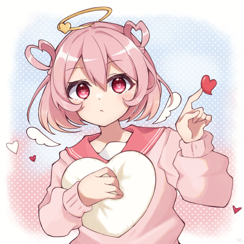 1girl, blush, detached_wings, hair_bun, halo, heart, heart-shaped_pupils, heart_hair_bun