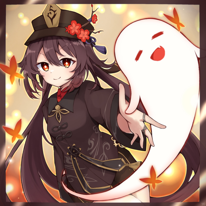 1girl, blush, boo_tao_(genshin_impact), brown_hair, bug, butterfly, chinese_clothes, flower