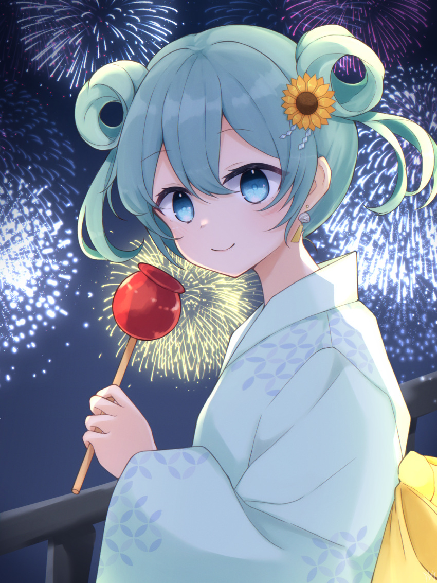 1girl, aerial_fireworks, blue_eyes, blue_hair, blush, candy_apple, double_bun, earrings