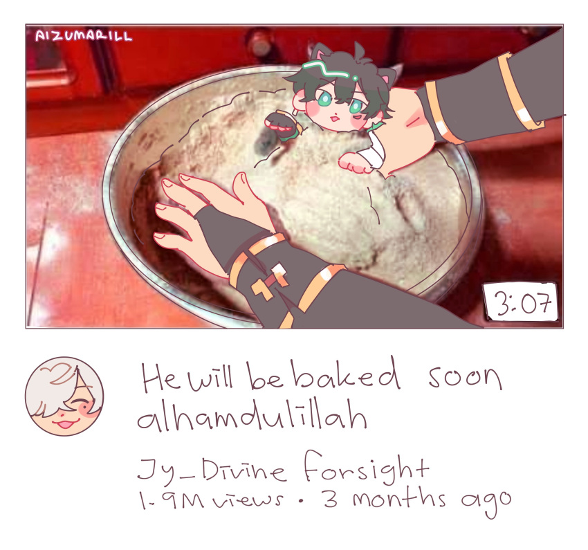 2boys, :3, :d, absurdres, ahoge, aizumarill, animal_ears, aqua_eyes, arabic_commentary, artist_name, black_gloves, black_hair, black_shirt, blush, bridal_gauntlets, cat_boy, cat_ears, dan_heng_(honkai:_star_rail), earrings, english_text, fingerless_gloves, fingernails, gloves, grey_hair, hair_over_one_eye, hand_up, he_will_be_baked_soon_alhamdulillah_(meme), highres, honkai:_star_rail, honkai_(series), jewelry, jing_yuan, long_sleeves, meme, mini_person, miniboy, mixed-language_text, multiple_boys, one_eye_covered, paw_pose, photo_background, shirt, short_hair, smile, swept_bangs, white_shirt, youtube