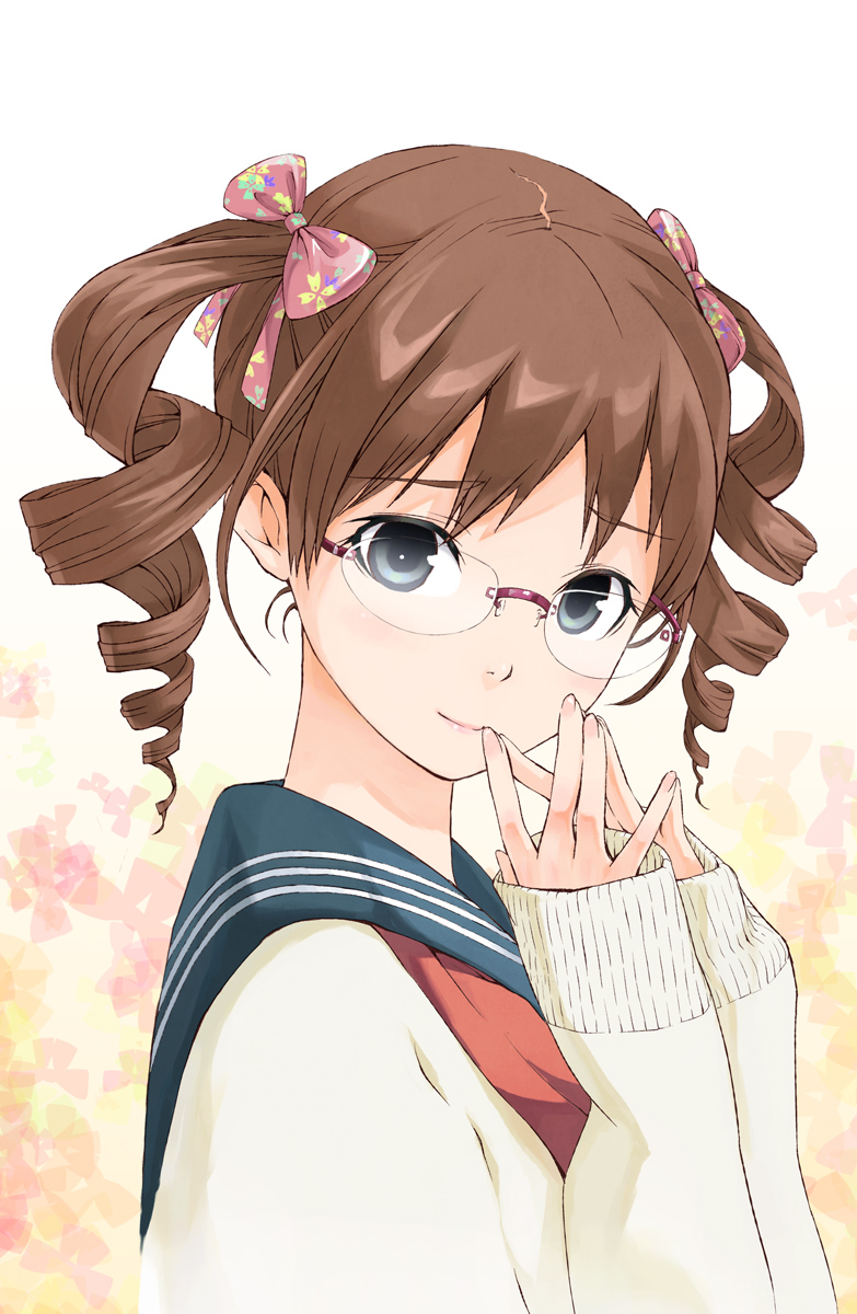 bow, brown_hair, bust, derivative_work, drill_hair, face, glasses, hair_bow