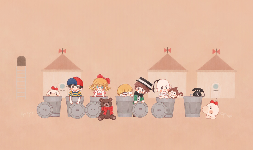 1girl, 4boys, backpack, bag, baseball_cap, black_eyes, black_hair, black_headwear