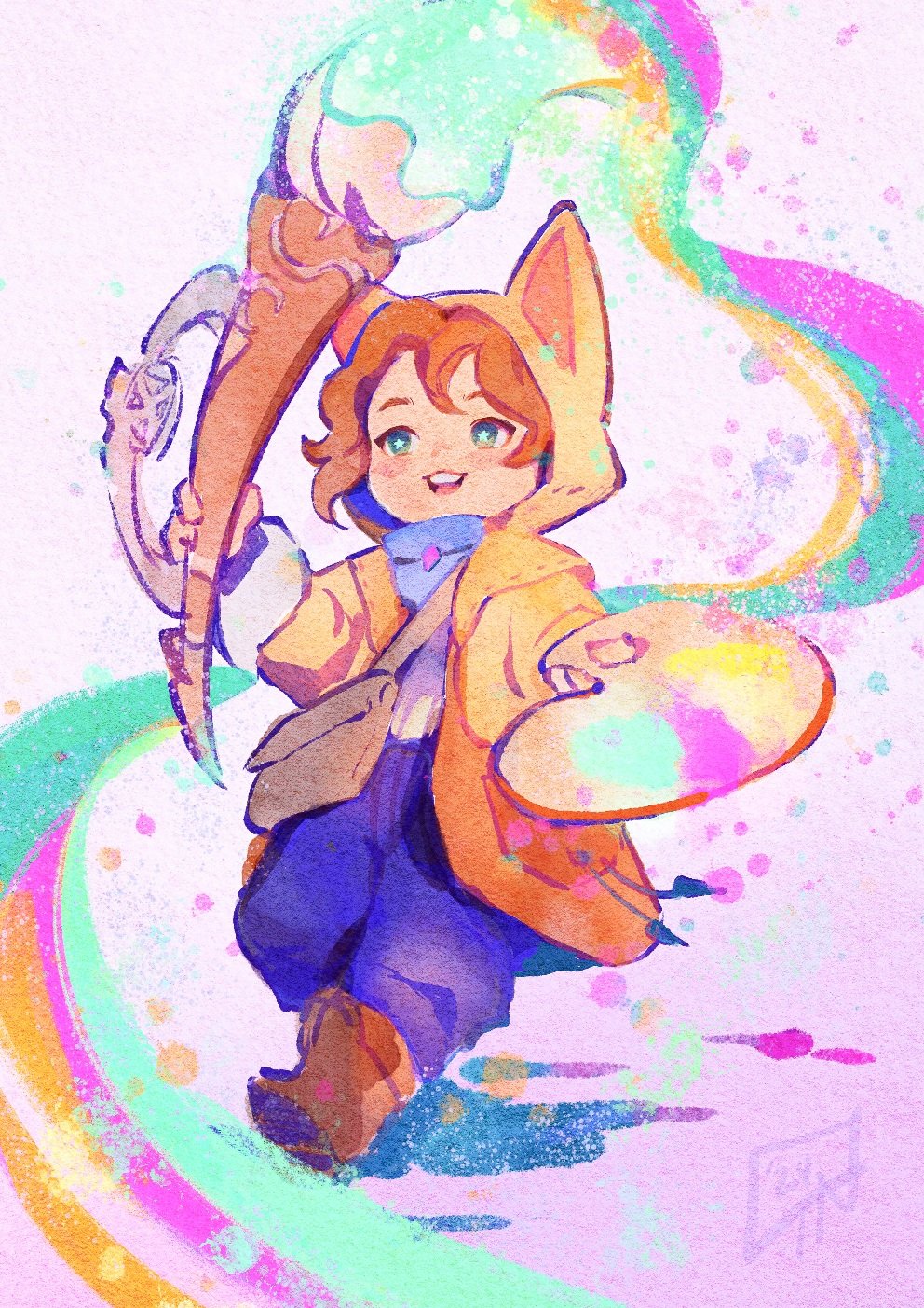 1girl, :3, animal_hood, blue_pants, boots, brown_footwear, cassandra_(avocasso), cat_hood