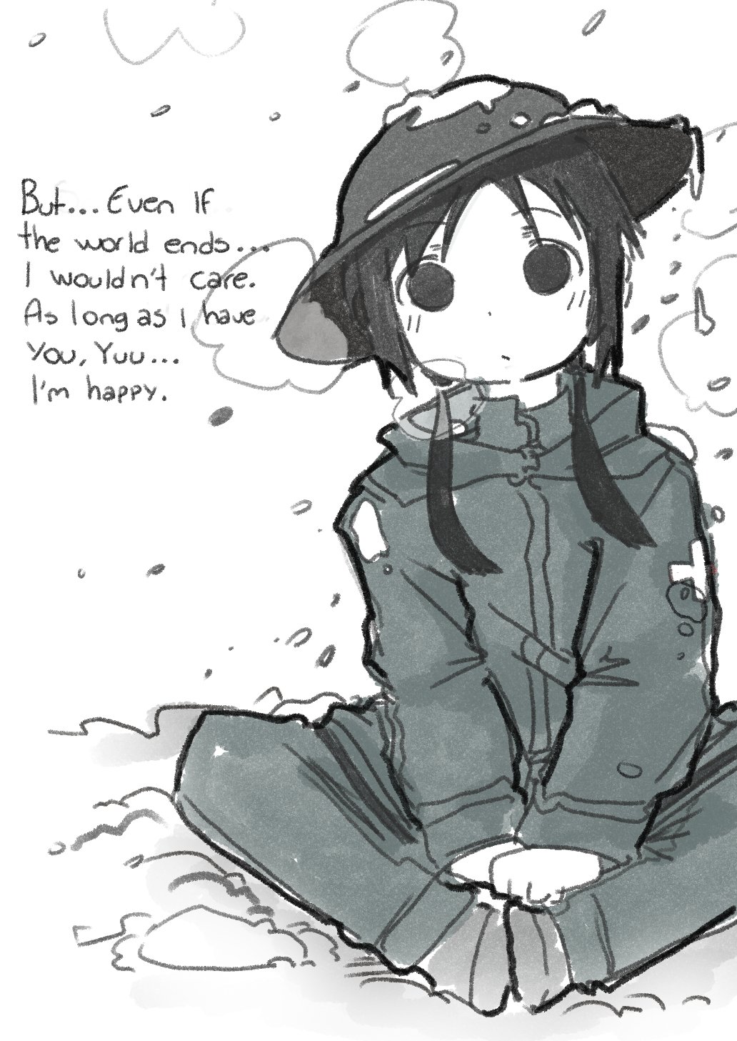 1girl, black_eyes, black_hair, chito_(shoujo_shuumatsu_ryokou), combat_helmet, english_text, fuuyukanufo, helmet, highres, looking_at_viewer, medium_hair, military_uniform, shoujo_shuumatsu_ryokou, sitting, snow, snowing, twintails, uniform