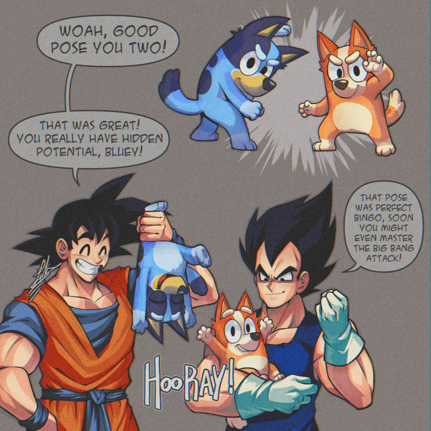 2boys, 2girls, bingo_heeler_(bluey), black_hair, bluey, bluey_(bluey), commentary, crossover