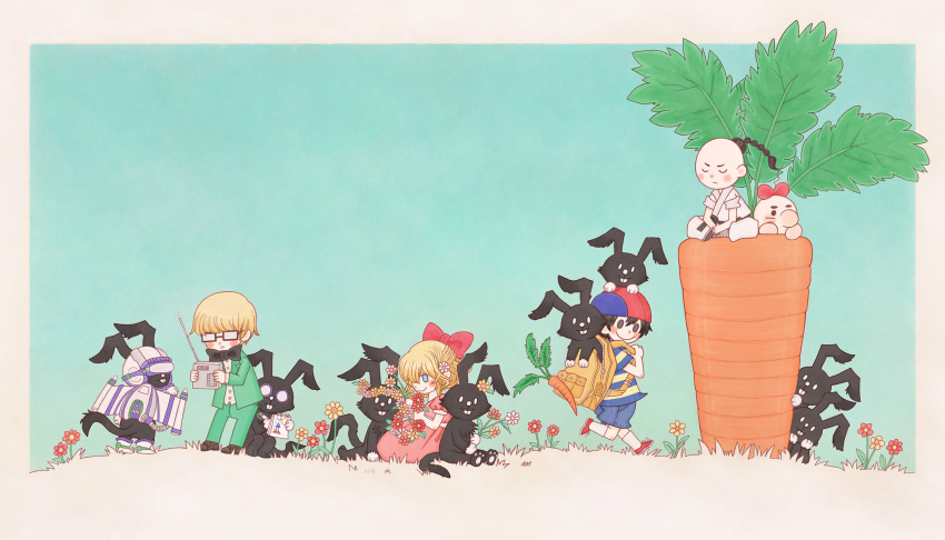 1girl, 3boys, backpack, bag, belt, black_belt, black_bow, black_bowtie, black_eyes, black_hair, blonde_hair, blue_eyes, blue_shorts, blush_stickers, border, bow, bowtie, braid, brown_footwear, carrot, closed_eyes, controller, doseisan, dot_nose, dougi, dress, flower, green_jacket, green_pants, head_wreath, helmet, highres, holding, holding_notepad, indian_style, jacket, jeff_andonuts, magicant, martial_arts_belt, mother_(game), mother_2, multiple_boys, ness_(mother_2), notepad, pants, paula_(mother_2), pink_dress, poo_(mother_2), rabbit, red_bow, red_flower, red_footwear, remote_control, sasa_(toriiro), shirt, shorts, sideways_hat, sitting, smile, socks, striped, striped_shirt, white_border, white_footwear, white_shirt, white_socks, yellow_flower
