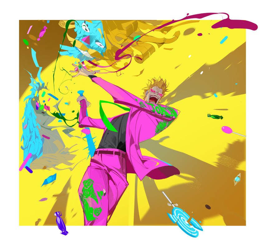 1boy, absurdres, baseball_bat, black_shirt, blonde_hair, candy, clothes_writing, cowboy_shot