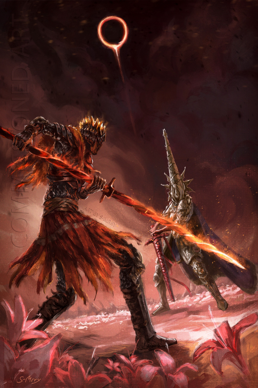 1boy, 1other, armor, black_sun, blasphemous, bloodexer, blue_cape, cape