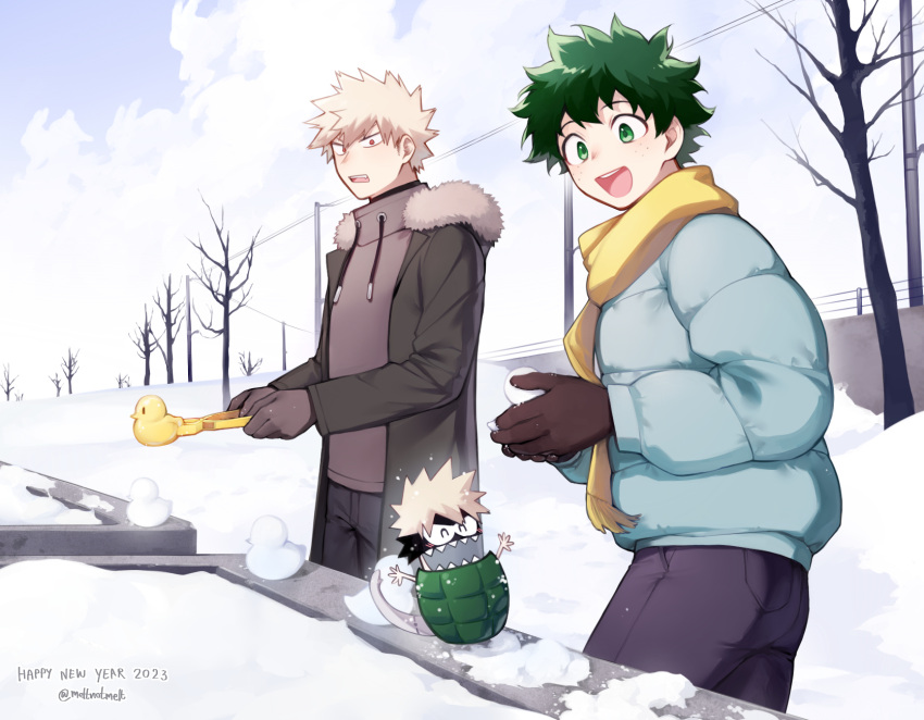 2023, 2boys, bakugou_katsuki, bare_tree, black_coat, blonde_hair, blue_coat, blush