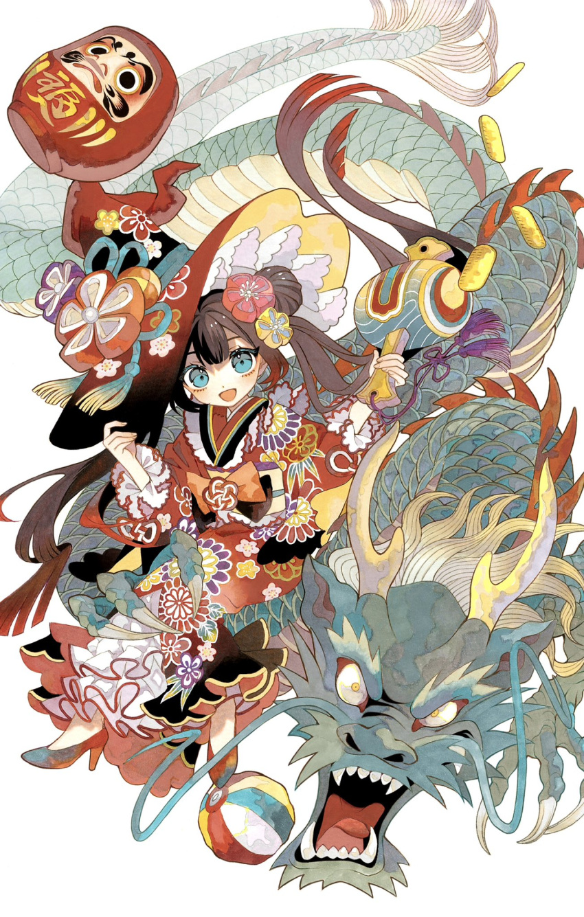 1girl, blue_eyes, brown_hair, character_request, chinese_zodiac, copyright_request, daruma_doll, double_bun