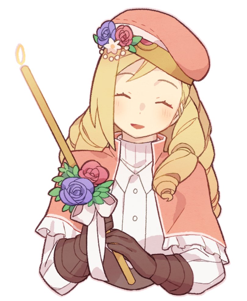 1boy, beret, blonde_hair, blue_flower, blue_rose, brown_gloves, candle, capelet