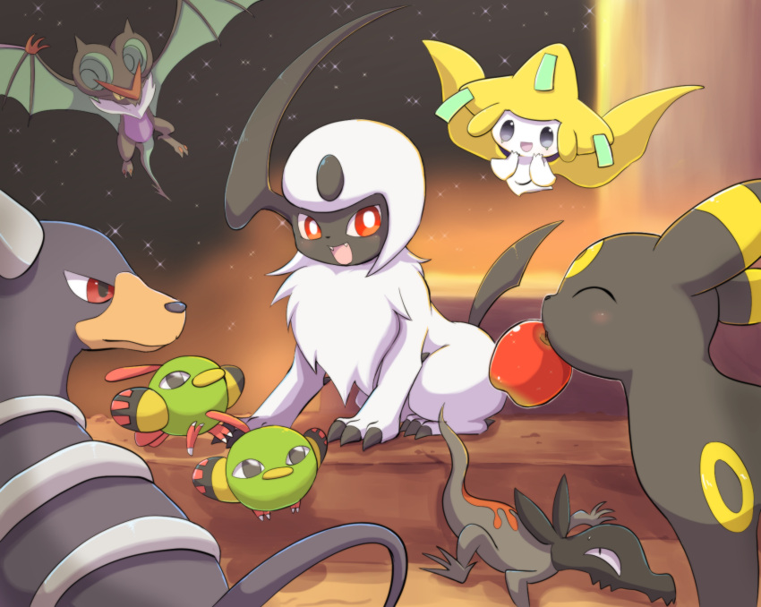 absol, almond_eyes, animal_focus, apple, bird, black_eyes, black_fur, blurry