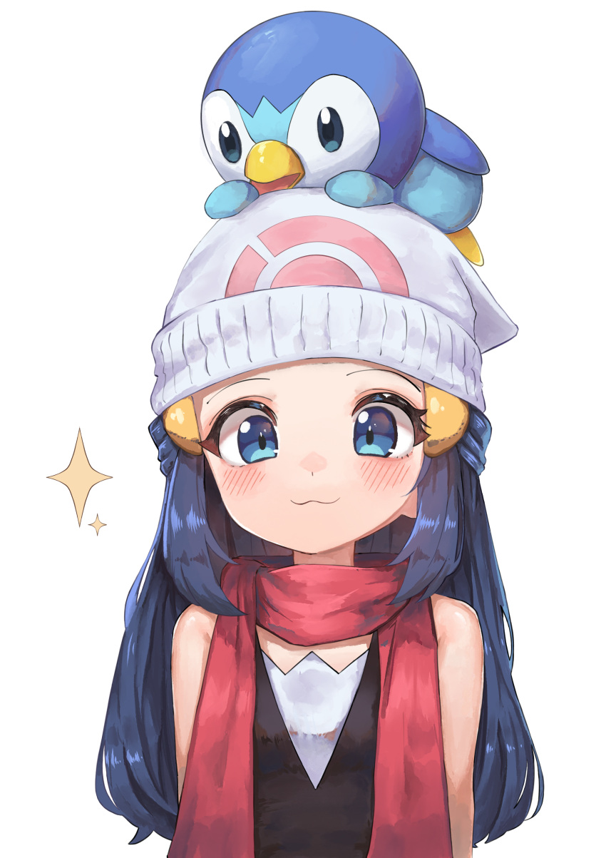 1girl, :3, absurdres, aqua_eyes, beanie, black_hair, black_shirt, blush, closed_mouth, commentary_request, eyelashes, hair_ornament, hairclip, hat, highres, hikari_(pokemon), korean_commentary, long_hair, looking_at_viewer, on_head, pink_scarf, pokemon, pokemon_(creature), pokemon_dppt, pokemon_on_head, rtb_(jbsb8423), scarf, shirt, sidelocks, sleeveless, sleeveless_shirt, smile, sparkle, tareme, upper_body, white_background, white_headwear