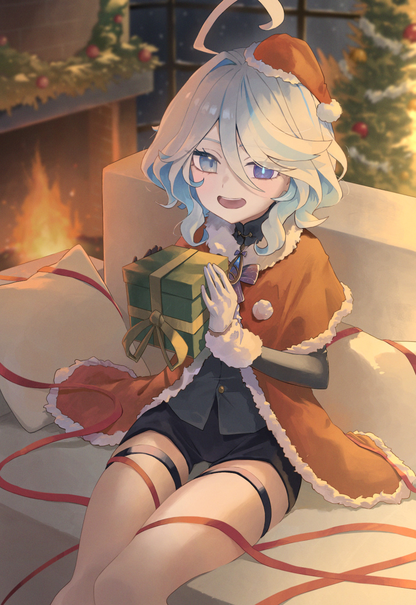 1girl, black_shorts, blue_eyes, capelet, christmas, christmas_ornaments, christmas_present, christmas_tree
