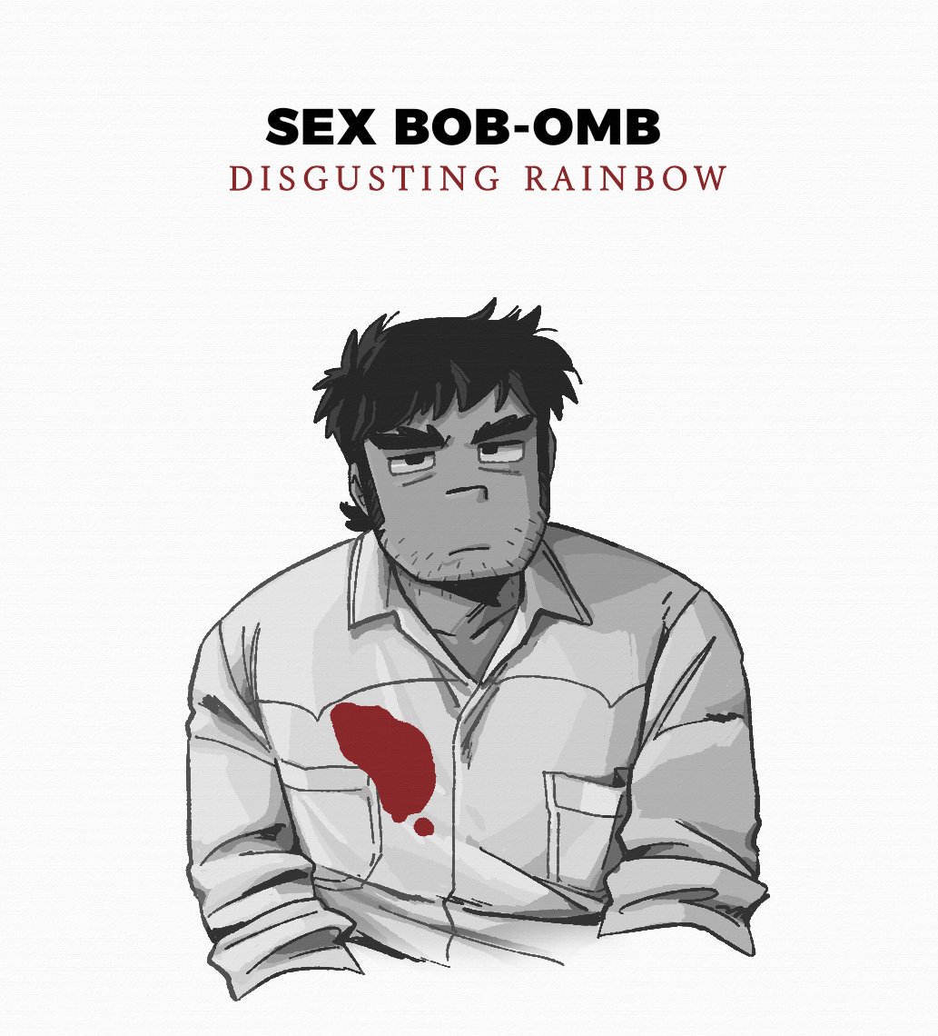 1boy, beard_stubble, blood, blood_on_clothes, bored, brown_hair, collared_shirt, cropped_torso, english_text, forked_eyebrows, greyscale, jitome, long_sideburns, looking_at_viewer, male_focus, monochrome, neckbeard, null_(mr_not_null), photo-referenced, scott_pilgrim_(series), scott_pilgrim_takes_off, shirt, short_hair, sideburns, solo, sparse_stubble, spot_color, stephen_stills, thick_eyebrows