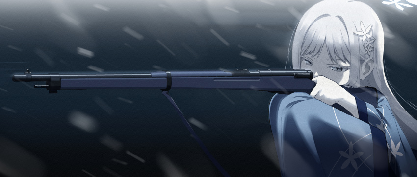 1girl, aumann, black_background, blue_archive, commentary_request, grey_eyes, gun, hair_ornament