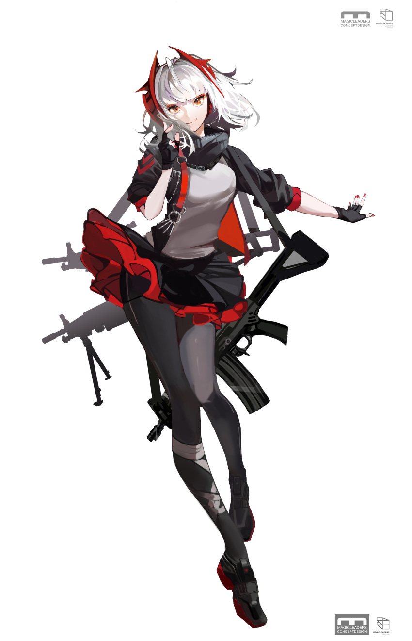 1girl, absurdres, ahoge, arknights, assault_rifle, bag, bandaged_leg, bandages, bipod, black_footwear, black_gloves, black_jacket, black_pantyhose, blunt_bangs, breasts, check_weapon, chinese_commentary, commentary, fingerless_gloves, full_body, gloves, gun, gun_sling, highres, horns, imi_galil, imi_negev, incredibly_absurdres, jacket, layered_skirt, light_machine_gun, looking_at_viewer, magicleaders, medium_breasts, medium_hair, nail_polish, open_clothes, open_jacket, pantyhose, red_nails, rifle, shirt, shoulder_bag, simple_background, skirt, sleeves_rolled_up, solo, tachi-e, w_(arknights), weapon, white_background, white_hair, white_shirt, yellow_eyes, zhizhicyzey