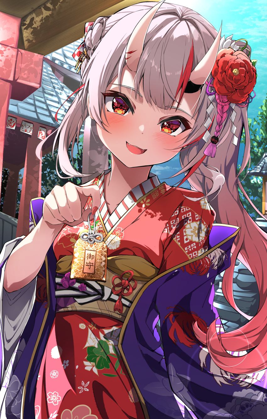 1girl, absurdres, blue_sky, blush, commentary_request, day, fumi_(fumibeing), gradient_hair, hatsumoude, highres, hololive, horns, japanese_clothes, kimono, long_hair, looking_at_viewer, multicolored_hair, nakiri_ayame, nakiri_ayame_(new_year), new_year, official_alternate_costume, omamori, oni, oni_horns, open_mouth, outdoors, red_eyes, red_kimono, redhead, shrine, side_ponytail, skin-covered_horns, sky, smile, solo, two-tone_hair, upper_body, virtual_youtuber, white_hair