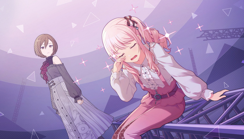 1girl, 1other, 25-ji_meiko, akiyama_mizuki, blush, closed_eyes, dress, long_hair