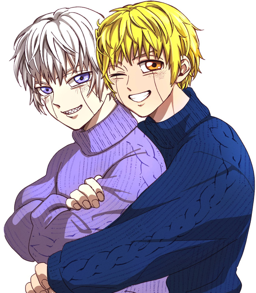 2boys, aged_up, blonde_hair, brothers, casual, commentary_request, gash_bell, grin