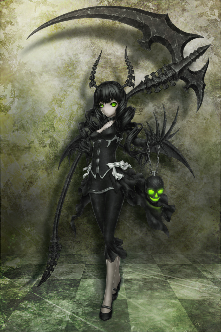 black_hair, black_rock_shooter, chain, checkered, checkered_floor, claws, collar, collarbone, corset, dead_master, drill_hair, gencoupb, green_eyes, highres, horns, scythe, skull, solo, twin_drills, wings