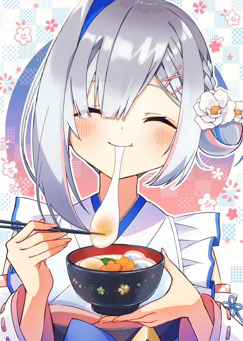 1girl, amane_kanata, blue_hair, blush, bowl, braid, checkered_background, chopsticks