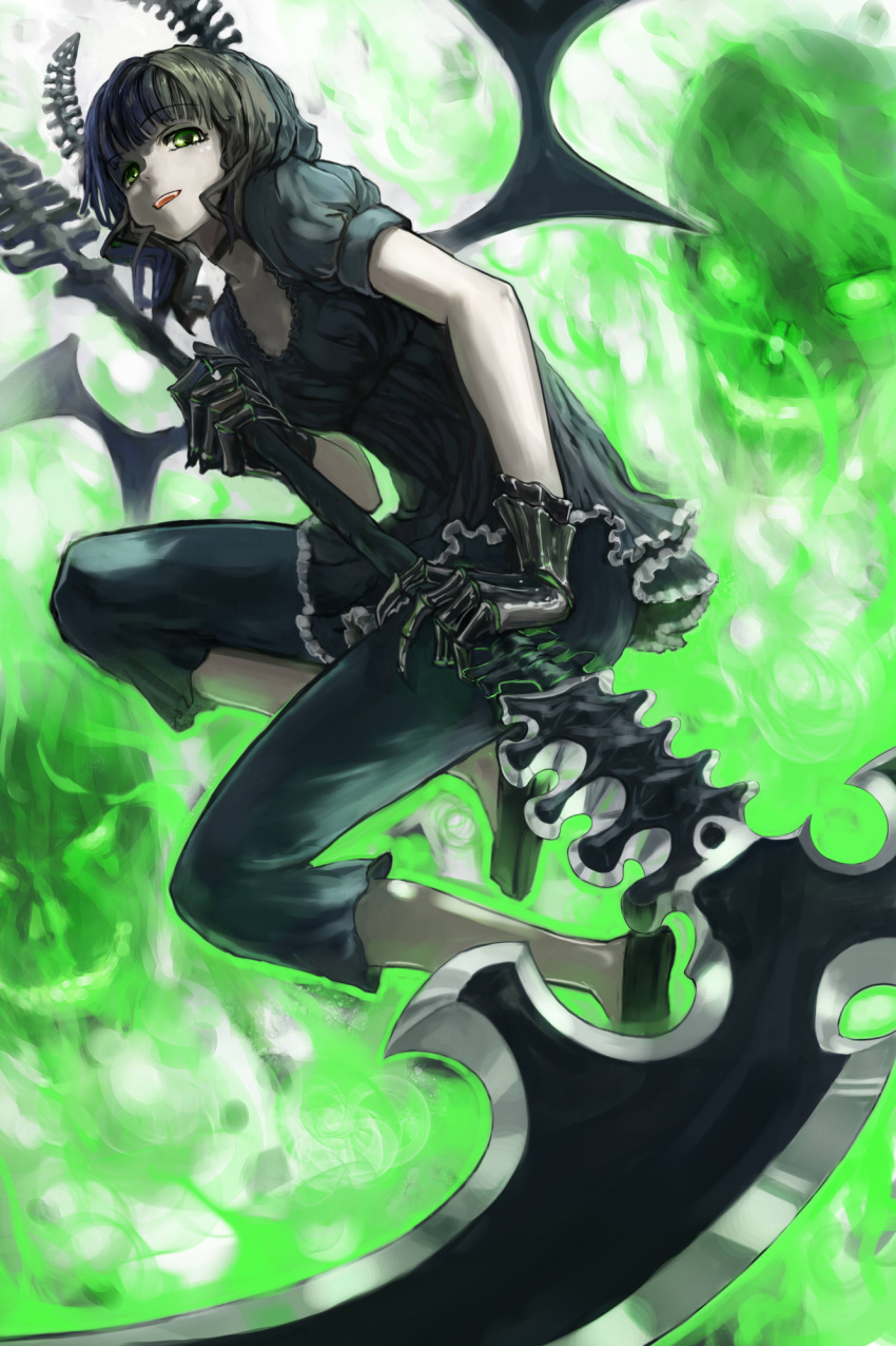 black_rock_shooter, capri_pants, chourui_keiko, collar, dead_master, gauntlets, green_eyes, highres