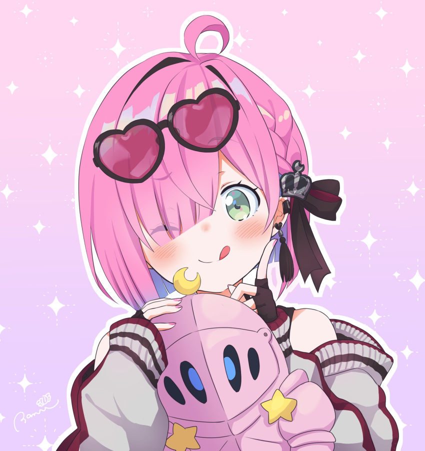 1girl, :p, ahoge, bare_shoulders, braid, diagonal_bangs, earrings, fingerless_gloves