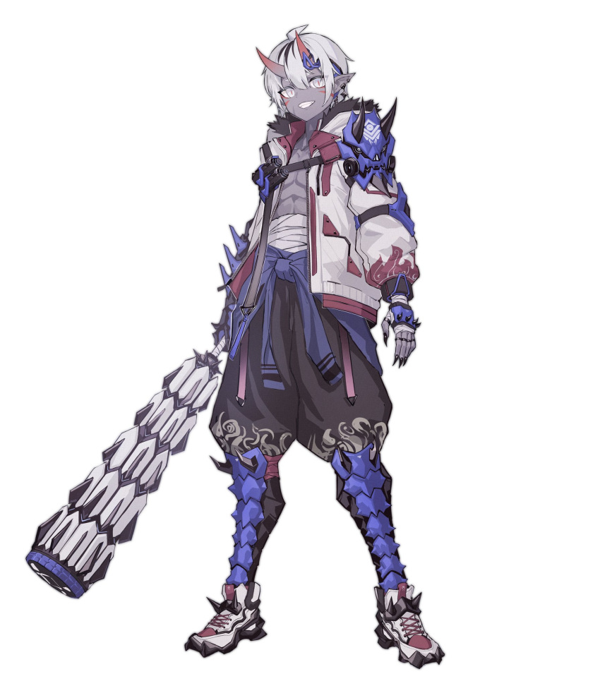 1boy, bishounen, character_request, club_(weapon), colored_skin, copyright_request, einheadt, fingerless_gloves