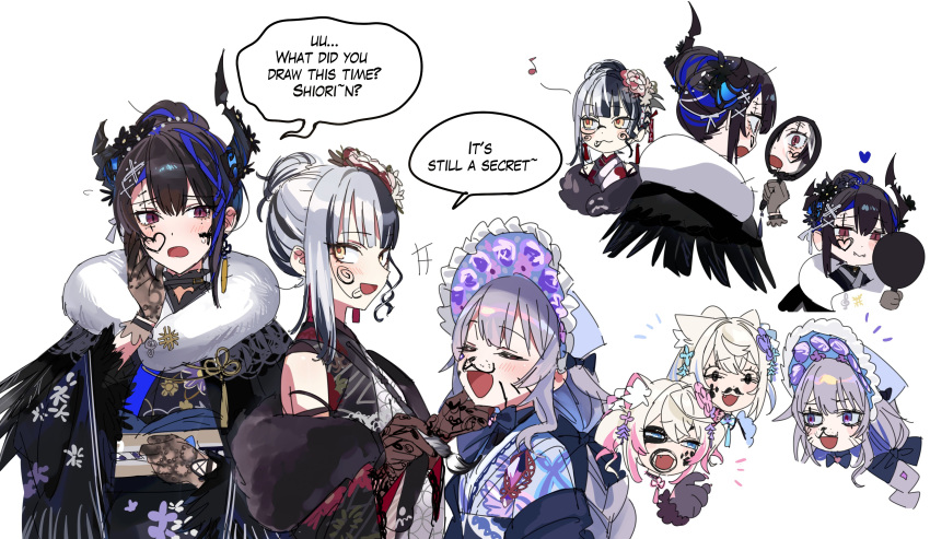 5girls, absurdres, animal_ear_fluff, animal_ears, asymmetrical_horns, black_hair, blonde_hair, blue_hair