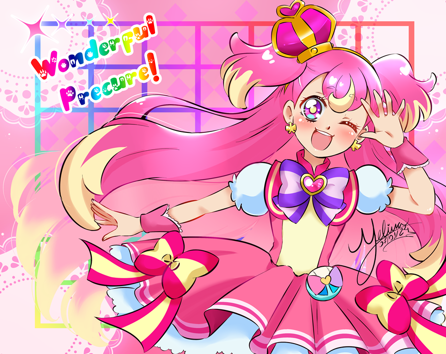 1girl, ;d, argyle, argyle_background, blonde_hair, blue_eyes, blush, bow, bright_pupils, brooch, copyright_name, cowboy_shot, crown, cure_wonderful, dated, dot_nose, dress, dress_bow, earrings, hairband, heart, heart_brooch, inukai_komugi, jewelry, long_hair, looking_at_viewer, magical_girl, mel-chan, mini_crown, multicolored_bow, multicolored_eyes, multicolored_hair, one_eye_closed, open_mouth, pink_background, pink_dress, pink_hair, pink_theme, precure, purple_bow, rainbow_text, short_dress, signature, smile, solo, streaked_hair, striped, striped_bow, two-tone_hair, two_side_up, violet_eyes, wonderful_precure!, wrist_cuffs, yellow_hairband