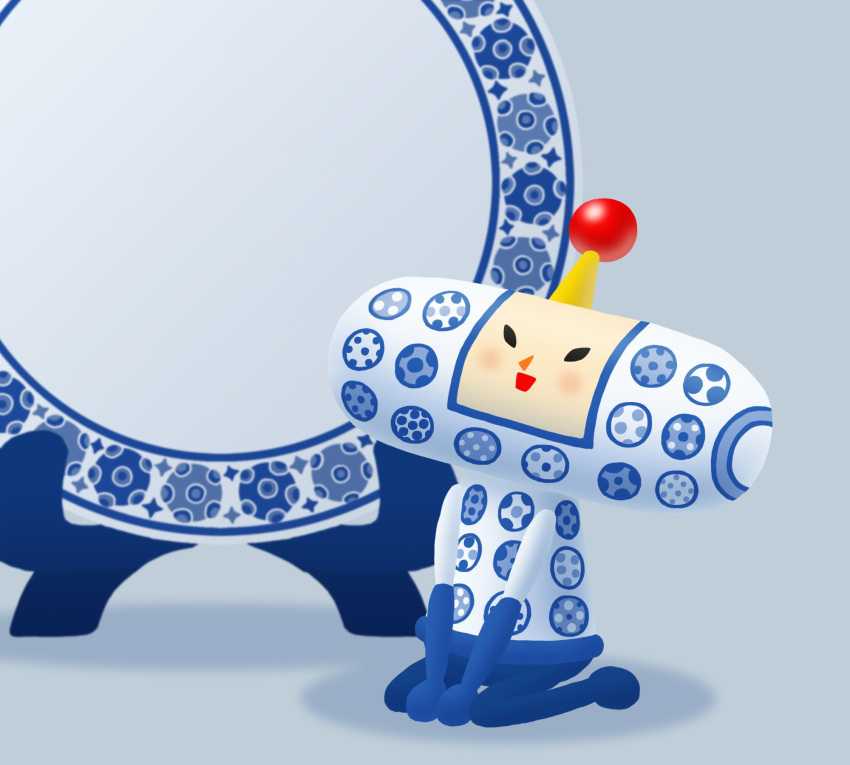 between_legs, hand_between_legs, highres, katamari_damacy, muucho, plate, qinghua_(porcelain), shadow, sitting, solo, wariza