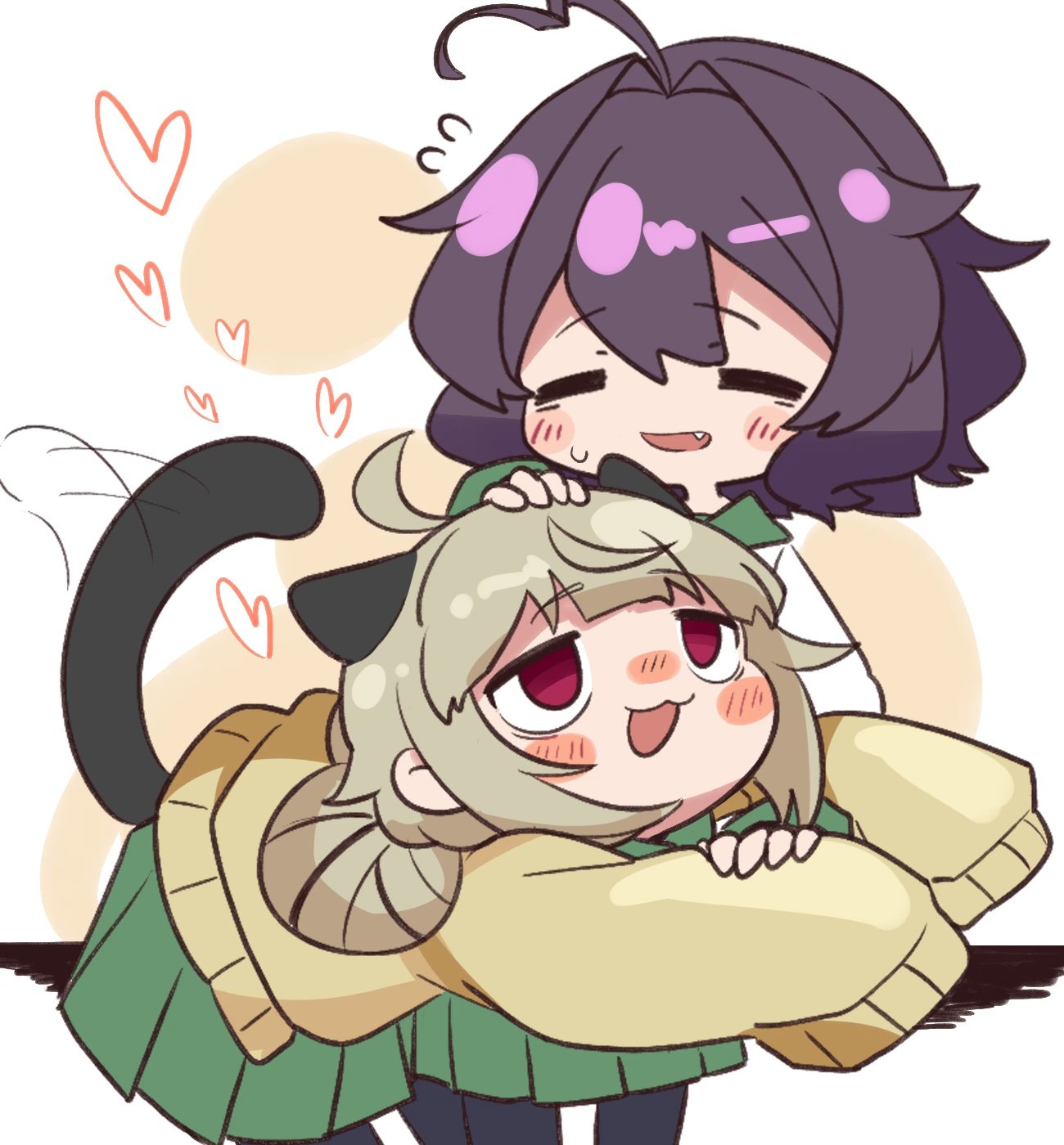 2girls, ahoge, animal_ears, araga_kiwi, blonde_hair, cardigan, cat_ears, cat_tail, double_bun, green_skirt, hair_bun, hair_flaps, hair_intakes, haitunyoyo, heart, heart_ahoge, highres, hiiragi_utena, mahou_shoujo_ni_akogarete, multiple_girls, petting, purple_hair, school_uniform, skirt, tail, yellow_cardigan, yuri