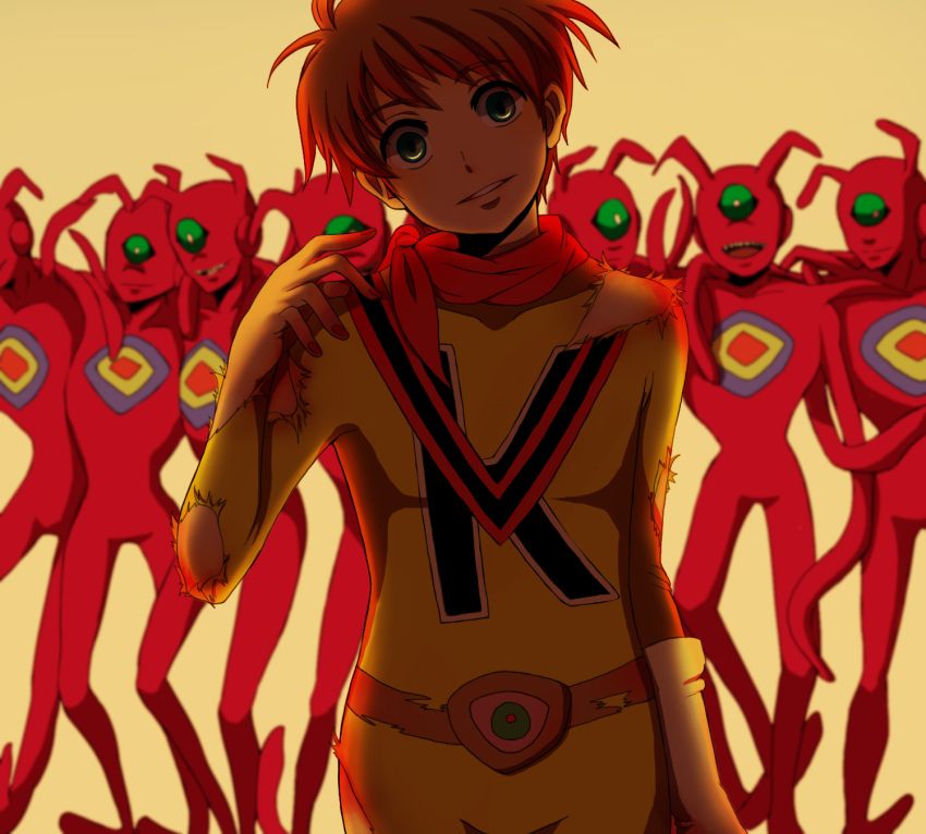 1boy, alien, bodysuit, brown_hair, chargeman_ken!, crazy_eyes, empty_eyes, evil_smile