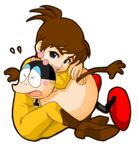 >_<, 1boy, bariquand_(chargeman_ken!), blue_eyes, bodysuit, boots, brown_footwear, brown_hair, chargeman_ken!, izumi_ken, junjururin, open_mouth, outstretched_arms, robot, simple_background, sitting, smiley_face, white_background, yellow_bodysuit