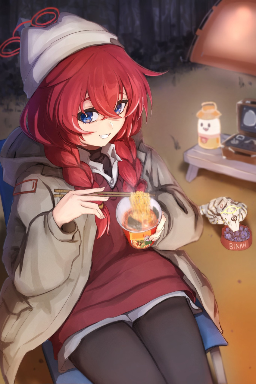 1girl, beanie, binah_(blue_archive), black_pants, blue_archive, blue_eyes, blush, braid
