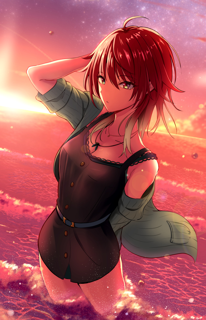 1girl, absurdres, aketa_mikoto, arm_behind_head, belt, brown_eyes, dress, evening