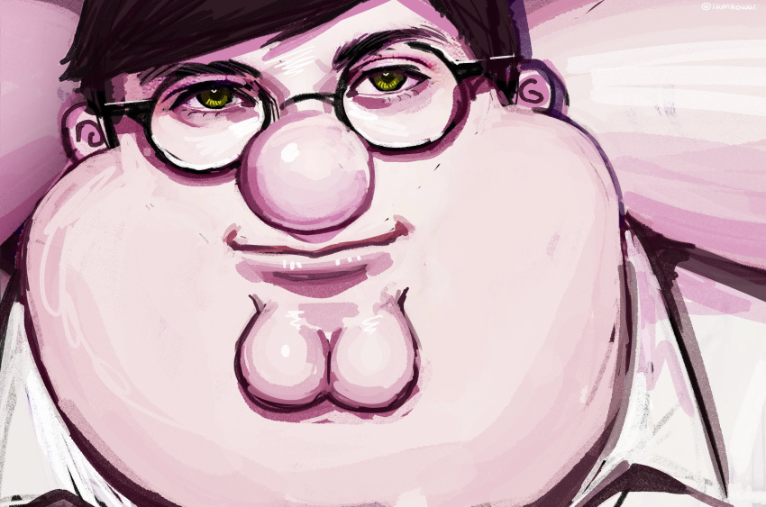 1boy, arms_behind_head, arms_up, brown_hair, cleft_chin, closed_mouth, collared_shirt, commentary, english_commentary, family_guy, fat, fat_man, glasses, green_eyes, highres, josh_hutcherson_whistle_edit_(meme), kowai_(iamkowai), looking_at_viewer, meme, peter_griffin, round_eyewear, shirt, short_hair, solo, very_short_hair, white_shirt