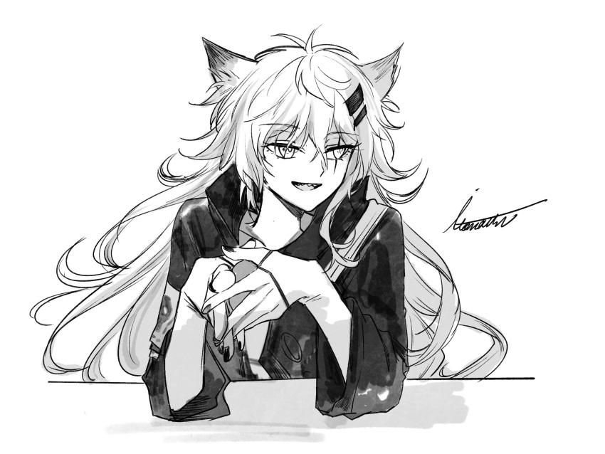 1girl, :d, animal_ear_fluff, animal_ears, antenna_hair, arknights, arm_support, artist_name