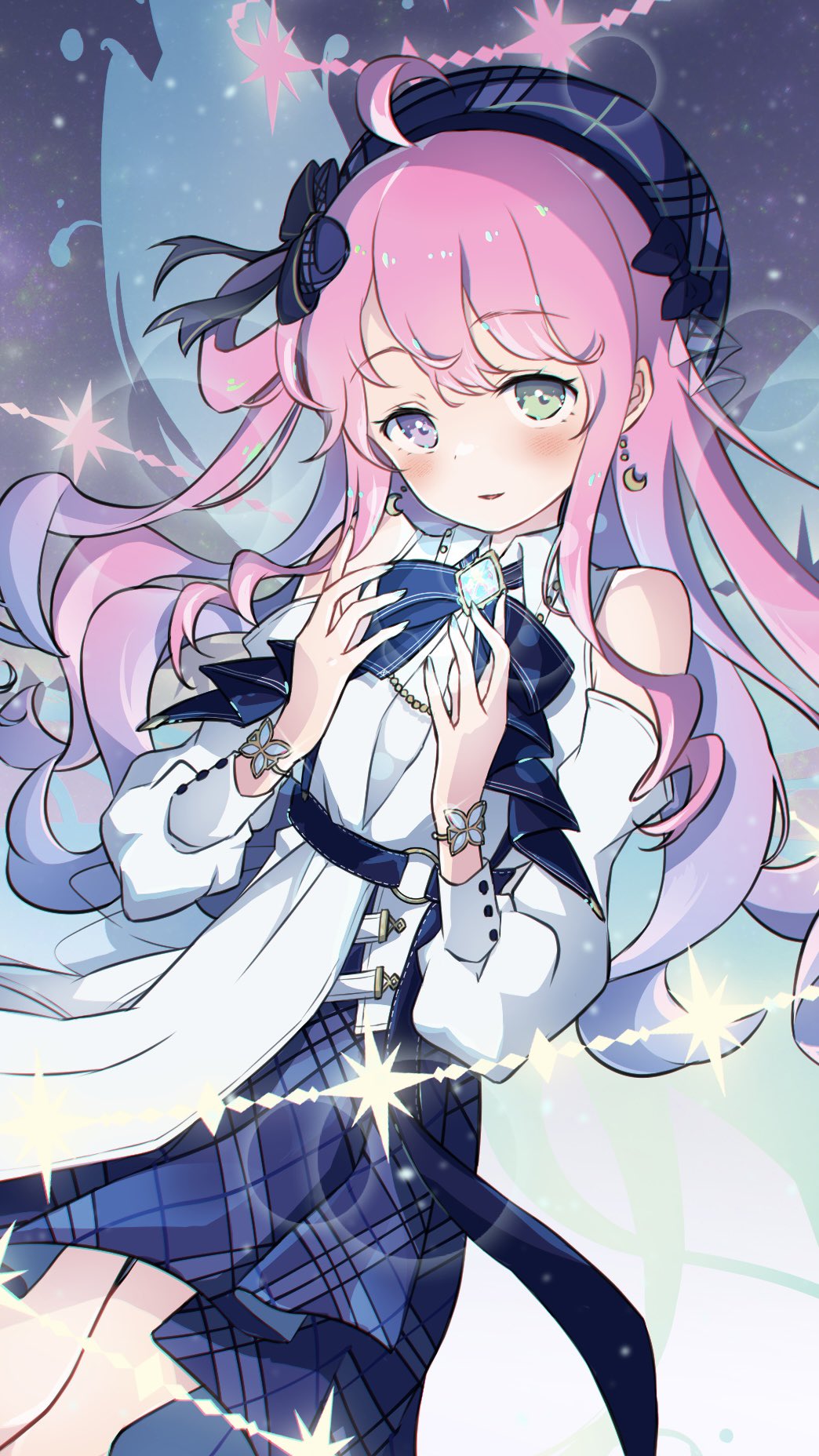 1girl, ahoge, armlet, bare_shoulders, belt, blue_belt, blue_headwear, blue_journey_(hololive)