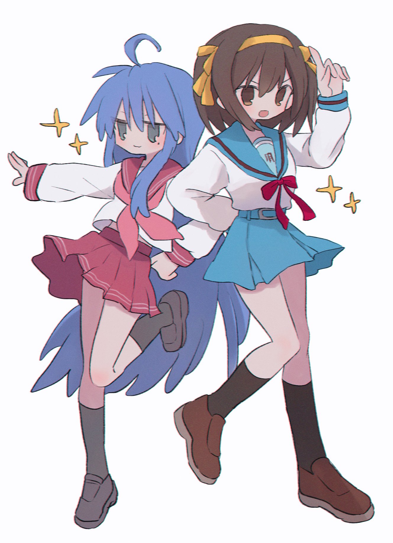 2girls, :3, ahoge, arm_behind_back, black_socks, blue_hair, blue_sailor_collar, blue_skirt, bow, bowtie, brown_eyes, brown_footwear, brown_hair, closed_mouth, crossover, double_horizontal_stripe, full_body, green_eyes, hair_between_eyes, hair_bow, hair_over_shoulder, hairband, hand_up, highres, hirano_aya, index_finger_raised, izumi_konata, jitome, kita_high_school_uniform, loafers, long_hair, long_sleeves, looking_at_viewer, looking_to_the_side, lucky_star, medium_hair, midriff_peek, miniskirt, mole, mole_under_eye, multiple_girls, neckerchief, open_mouth, orange_bow, orange_hairband, outstretched_arm, pink_neckerchief, pleated_skirt, red_bow, red_bowtie, red_sailor_collar, red_skirt, ri_(qrcode), ryouou_school_uniform, sailor_collar, school_uniform, shirt, shirt_tucked_in, shoes, short_eyebrows, simple_background, skirt, smile, socks, sparkle, standing, standing_on_one_leg, straight_hair, suzumiya_haruhi, suzumiya_haruhi_no_yuuutsu, v-shaped_eyebrows, very_long_hair, voice_actor_connection, white_background, white_shirt, winter_uniform