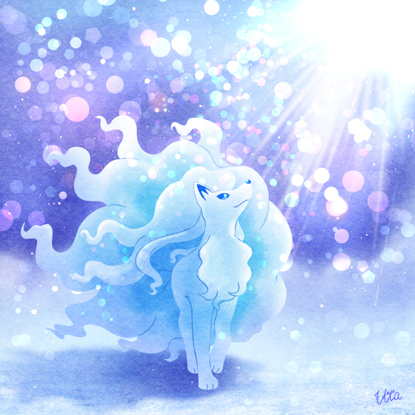 alolan_ninetales, blue_eyes, blurry, bokeh, bright_pupils, closed_mouth, commentary_request, day