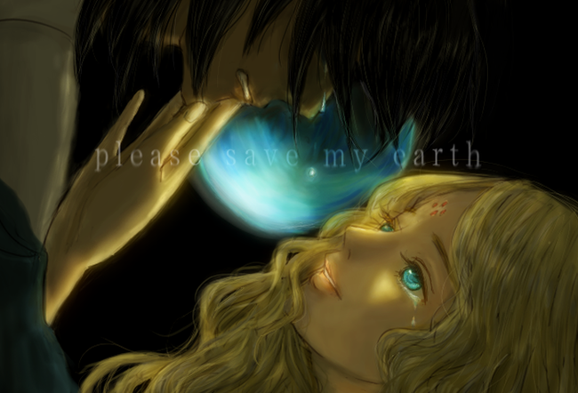 aqua_eyes, black_hair, blonde_hair, couple, facial_mark, forehead_mark, globe, mokuren