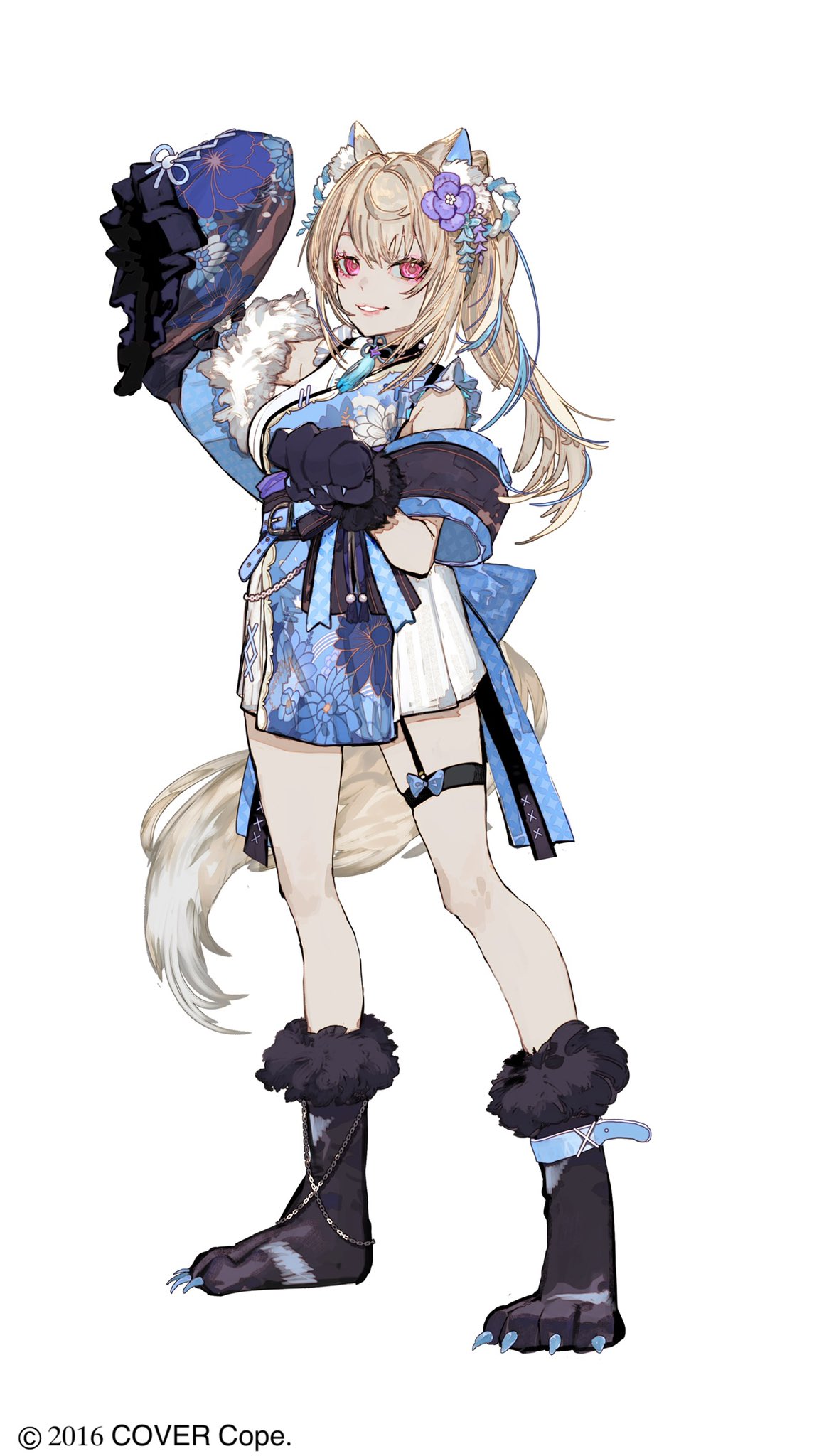 1girl, animal_ear_fluff, animal_ears, blonde_hair, blue_hair, blue_kimono, dog_ears, dog_girl