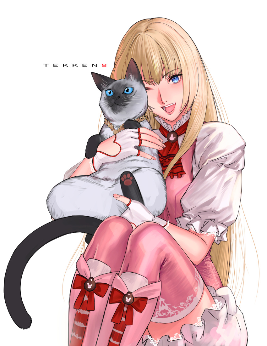 1girl, absurdres, animal, ascot, blonde_hair, blue_eyes, cat, collar, commentary, copyright_name, fingerless_gloves, frilled_collar, frills, gloves, hashtag_only_commentary, highres, hime_cut, holding, holding_animal, holding_cat, lili_(tekken), long_hair, one_eye_closed, pink_thighhighs, red_ascot, salt_(tekken), siamese_cat, sitting, tekken, tekken_8, tetsu_(kimuchi), thigh-highs, white_gloves