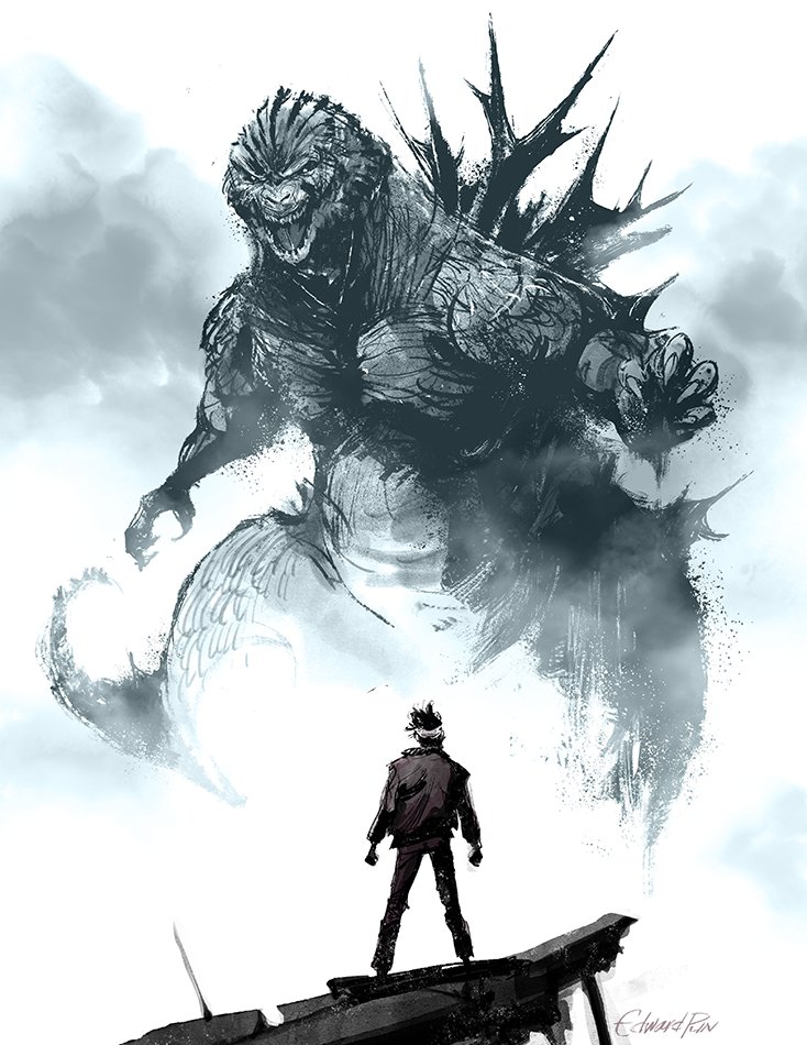 1boy, bandaged_head, bandages, damaged, edward_pun, giant, giant_monster, godzilla, godzilla_(minus_one), godzilla_(series), godzilla_minus_one, jacket, kaijuu, open_mouth, shikishima_koichi, smoke, spines, standing, tail, teeth